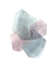 Illustration set of transparent crystals with texture of smoke, fog, marble, watercolors isolated on white background. Delicate pastel colors pink, lilac, blue.