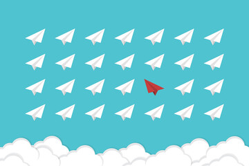 Think differently concept. Red airplane changing direction. New idea, change, trend, courage, creative solution, innovation and unique way concept.