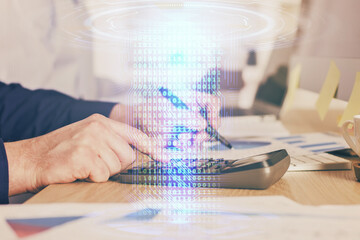 Writing man's hand with technology Ai icons.