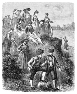 Baden peasants in traditional costumes posing outdoor on countryside. Ancient grey tone etching style art by Lancelot, Le Tour du Monde, Paris, 1861