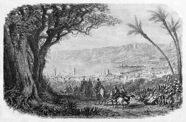 Naklejka premium Old Beirut cityscape and sea, Lebanon, from nearby hill with path leading horseback people to it. Ancient grey tone etching style art by Grandsire, Le Tour du Monde, Paris, 1861