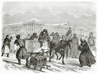 Russian men outdoor in winter carrying ice on a sleigh in Saint Petersburg, Russia. Ancient grey tone etching style art by Blanchard, Le Tour du Monde, Paris, 1861