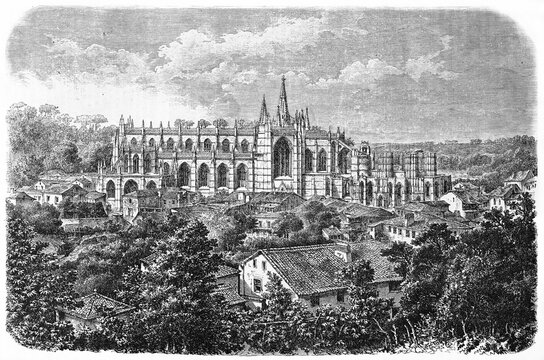 Batalha gothic Monastery, Portugal, surrounded by nature and medieval houses. Ancient grey tone etching style art by Therond, Le Tour du Monde, Paris, 1861