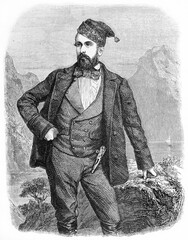 Portrait of Royal prince of Sweden and Norway (afterwards king Charles XV) posing outdoor in traveling clothes. Ancient grey tone etching style art by Therond, Le Tour du Monde 1861