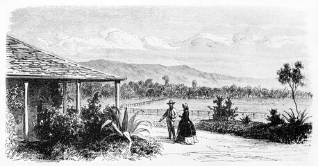 Two people and a isolated station on a vaste australian flatland, Dalry station, Victoria state, Australia. Ancient grey tone etching style art by Girardet, Le Tour du Monde, Paris, 1861
