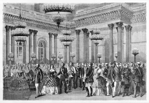 court ball in a large elegant people crowded hall in Saint Petersburg, Russia. Ancient grey tone etching style art by Blanchard, Le Tour du Monde, Paris, 1861