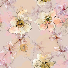 seamless watercolor floral pattern with pink and light yellow flowers
