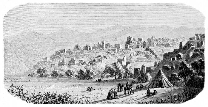 small camp fronting Elaussa Sebaste ruins on vegetated hill overhanging sea, Cilicia Trachaea, Turkey. Ancient grey tone etching style art by Grandsire, Le Tour du Monde, Paris, 1861