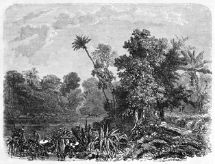 Poster Im Rahmen Old view of Falémé river (on the border between Senegal and Mali). Created by Sabatier after Lambert, published on Le Tour du Monde, Paris, 1861 © Mannaggia