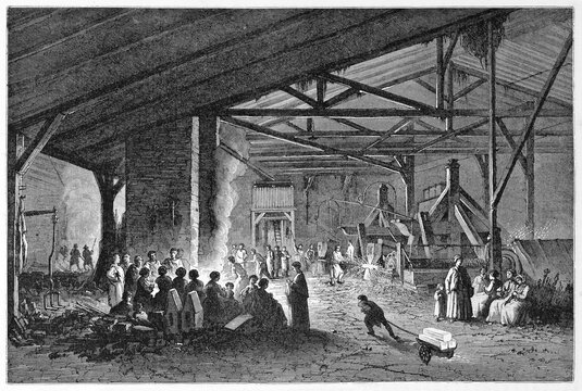 poor workers in a dark dirty foundry illuminated just by machineries. Men, women and children. Ancient grey tone etching style art by Huet, Le Tour du Monde, Paris, 1861