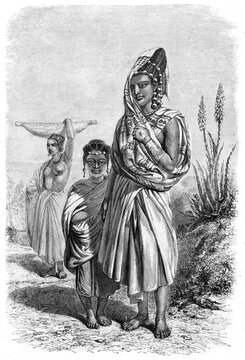 Portrait of Mariam, Alamami's woman, Alamami's grandson and sclave ethnic costume dressed. Ancient grey tone etching style art by Erahrd and Bonaparte, Le Tour du Monde, Paris, 1861