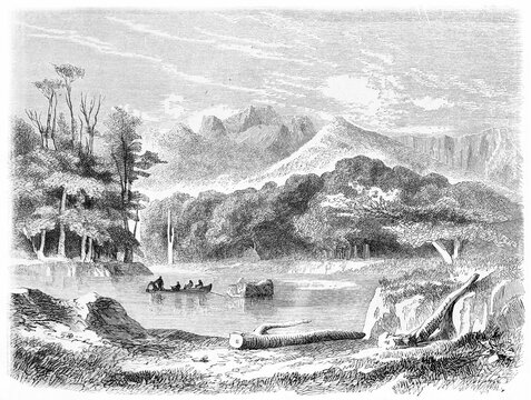 luxuriant landscape surrounding Gennes river, Chile. Small boat on calm water. Ancient grey tone etching style art by B�rard, Le Tour du Monde, Paris, 1861