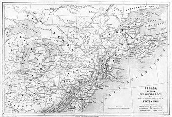 Fototapeta na wymiar Old topographic map of Great Lakes region, North America. Ancient grey tone etching style art by Erhard and Bonaparte, Le Tour du Monde, Paris, 1861