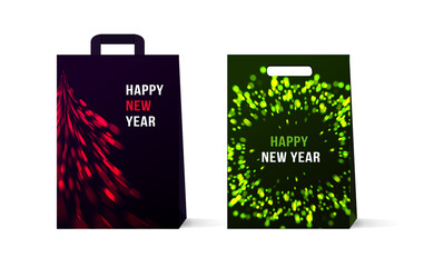 Set of paper bags template with greeting for the new year and christmas, abstract bright illustration of christmas tree and firework explosion