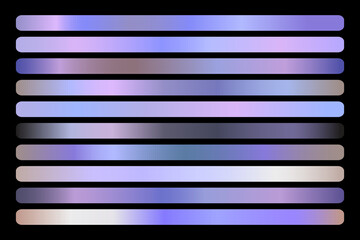 Holographic Gradient vector set. Shiny, holographic, pearl, neon, chrome metallic, light purple gradation colors