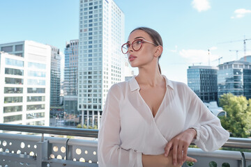 Beautiful businesswoman outdoor. Property office agent