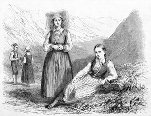 Hardanger women posing crouched and standing in traditional costumes, Norway. Ancient grey tone etching style art by Saint-Blaise, Le Tour du Monde, Paris, 1861