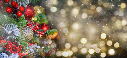 Fototapeta premium Merry Christmas and Happy New Year, Holidays greeting card with blurred bokeh background