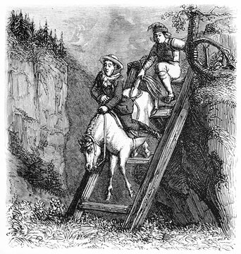 Two strange men getting a horse down from wooden stair outdoor in forest. Ancient grey tone etching style art by Saint-Blaise, Le Tour du Monde, Paris, 1861