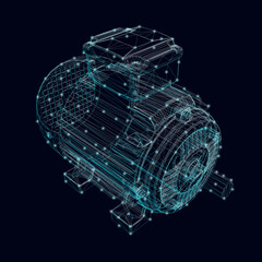 Electric motor frame made of blue lines with glowing lights on a dark background. Isometric view. 3D. Vector illustration - obrazy, fototapety, plakaty