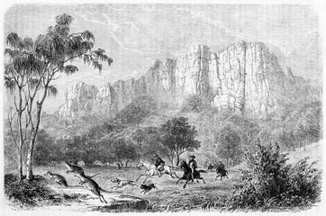 horseback people with dogs hunting kangaroo in a vast australian wild landscape. Ancient grey tone etching style art by Girardet, Le Tour du Monde, Paris, 1861