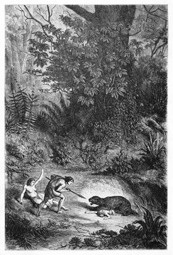 Old illustration depicting Jaguar attack to indigenous family in the jungle, South America. Created by Castelli, published on Le Tour du Monde, Paris, 1861