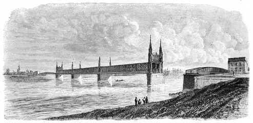 iron Kehl bridge connecting two afar shores over Rhine river. Ancient grey tone etching style art by Lancelot, Le Tour du Monde, Paris, 1861