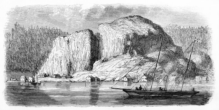 Kragero, Telemark, Norway, under a big fjord viewed from front water. Ancient grey tone etching style art by Saint-Blaise and Gusmand, Le Tour du Monde, Paris, 1861