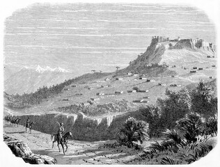 Lampron castle afar on a high hill in a vast landscape in Mersin province, Turkey. Horseback soldiers foreground. Ancient grey tone etching style art by Grandsire, Le Tour du Monde, Paris, 1861