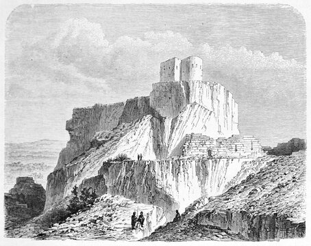 Lampron castle on a vertical high massive rock, Mersin province, Turkey. Ancient grey tone etching style art by Grandsire, Le Tour du Monde, Paris, 1861