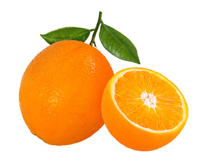 Juicy orange  with leaves isolated on white background with clipping path