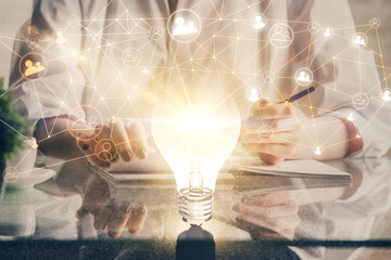 Social network theme hologram over woman's hands writing background. Concept of international...