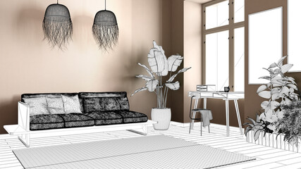 Blueprint project draft, sketch of modern living room with sofa, desk, carpet, plants, interior design concept idea, country apartment with parquet floor, contemporary furniture idea