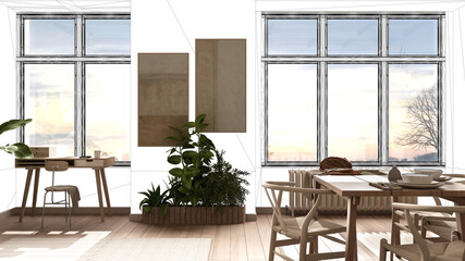 Fototapeta premium Unfinished project, under construction draft, concept interior design sketch, real modern minimal wooden living and dining room with blueprint background, architect and designer idea