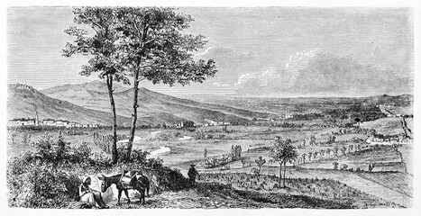 Large lost on the horizon view of Marne vineyards landscape from Mont-Bernon, France. Ancient grey tone etching style art by Lancelot, Le Tour du Monde, Paris, 1861 - 385233719
