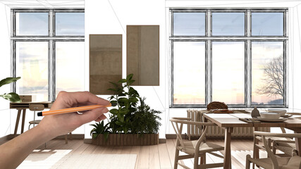 Unfinished project, under construction draft, concept interior design sketch, hand drawing real living room with dining table over blueprint background, architect and designer idea