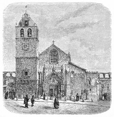 facade of stone brick Matriz church in Vila do Conde and front square, northern Portugal. Ancient grey tone etching style art by Catenacci, Le Tour du Monde, Paris, 1861