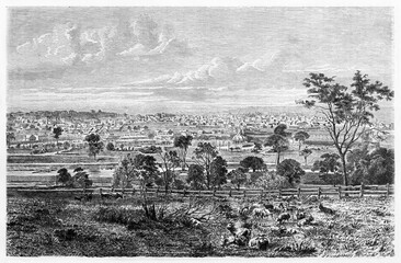 Large old cityscape of Melbourne, Australia, starting from nearby countryside ending to the horizon. Ancient grey tone etching style art by Lancelot, Le Tour du Monde, Paris, 1861