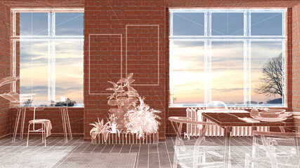 Home renovation, house development concept background, interior design under construction, custom architecture design project, white ink sketch, blueprint showing modern living room