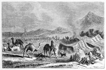people and camels in a Moors outdoor encampment in flat desert, western Africa. Ancient grey tone etching style art by Noel, Le Tour du Monde, Paris, 1861 - obrazy, fototapety, plakaty