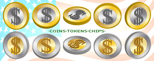 3d set of bimetallic coins with a dollar sign. Samples of gold-silver volumetric tokens in several projections. EPS10