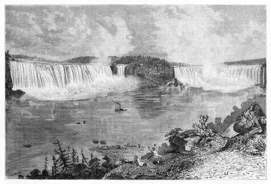 Large overall view of afar Niagara Falls, North America, from the fronting shore. Ancient grey tone etching style art by Huet, Le Tour du Monde, Paris, 1861