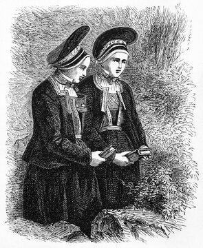 Two black dressed ladies in Stavanger, Norway, praying holding holy bible. Ancient grey tone etching style art by Huyot, Le Tour du Monde, Paris, 1861