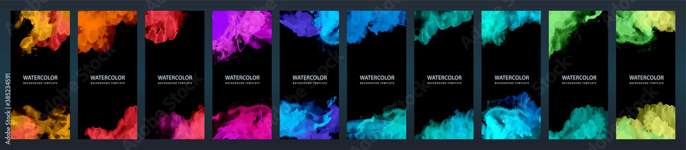 Wall mural big set of bright vector colorful watercolor on vertical black background for flier or brochure
