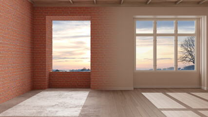 Interior design renovation, before and after, repair, wall painting, parquet flooring, bamboo wooden ceiling, steps of development, home renewal concept background with copy space