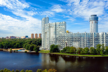 Fototapeta na wymiar Aerial view of residential buildings in the city of Khimki on the bank of the Moscow Canal