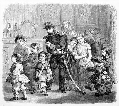 Oscarsborg fortress commander posing in uniform with his large family indoor, Norway. Created by Saint-Blaise and Gusmand, published on Le Tour du Monde, Paris, 1861