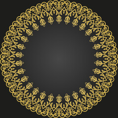 Oriental vector round frame with arabesques and floral elements. Floral border with vintage pattern. Greeting black and golden card with place for text