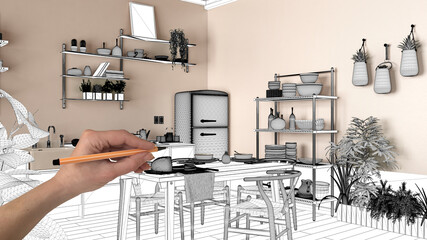 Unfinished project, under construction draft, concept interior design sketch, hand drawing blueprint modern wooden kitchen sketch in real background, architect and designer idea