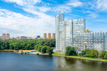 Aerial view of residential buildings in the city of Khimki on the bank of the Moscow Canal